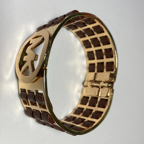 Michael Kors Hinged Gold Tone/Brown Leather Bracelet - Picture 1 of 3
